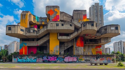 Fototapeta premium 80s urban vibe with towering buildings, graffiti-covered walls at the base, as the upper floors disappear into dreamlike clouds, blending height with bold art