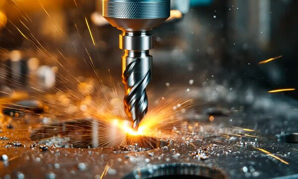 metal drill bit make holes in steel billet on industrial drilling machine. Metal work industry. multi cutting tool and end mill