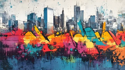 Skyscrapers with sleek, reflective glass soaring into a watercolor sky, bold graffiti murals adding vibrant life to the urban streets below, merging art with architecture