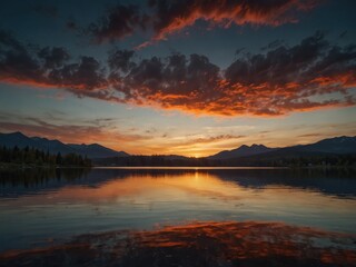 Fototapeta premium a lake with mountains and a sunset in the background
