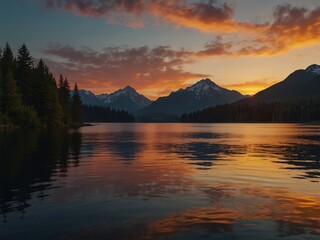 Fototapeta premium a mountain is reflected in the water with a sunset in the background