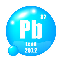 Lead icon. Pb chemical element. Atomic number 82. Mass 207.2. Blue sphere image. Vector symbol.