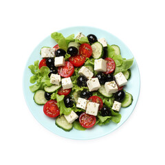 Delicious salad with feta cheese isolated on white, top view