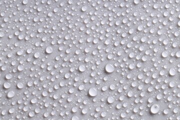 Water drops on gray background, top view