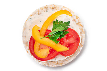 Vegan Rice Cake Sandwich with Fresh Tomato, Yellow Paprika and Greens - Isolated on White Background. Vegetarian Diet Food. Quick and Healthy Sandwiches. Crispbread with Fresh Fillings. Dietary Snack