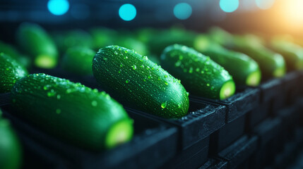 Close-up of fresh, dewy green zucchini in a crate.