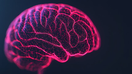 A vibrant, glowing pink brain isolated against a dark background, illustrating the concepts of neuroscience, intelligence, and cognitive function in an artistic manner.