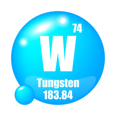 Tungsten icon. W chemical element. Atomic number 74. Mass 183.84. Blue sphere image. Vector symbol.