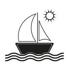 Sailboat icon. Sun and waves. Nautical vector symbol. Black sailing design.