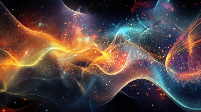 Abstract representation of quantum superposition, overlapping wave functions, particles in multiple states at once, futuristic technology background