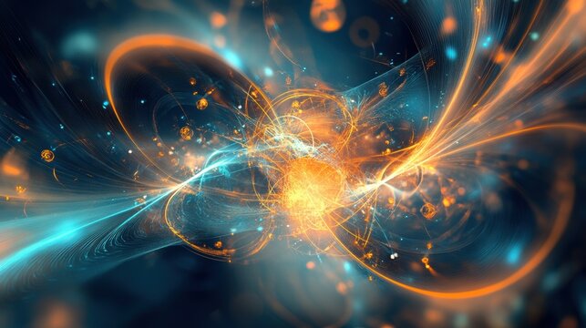 Abstract representation of quantum superposition, overlapping wave functions, particles in multiple states at once, futuristic technology background