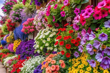 Fototapeta premium Lively bank of colorful flowers including petunias, cinerarias, salvias, and rose creepers Macro
