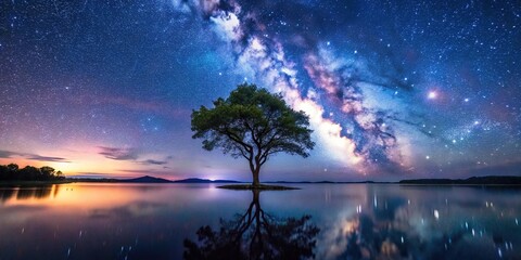 Obraz premium lone tree on lakeshore at night with milky way in background, medium shot