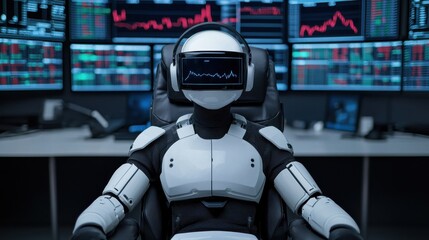 A humanoid robot sits in front of multiple screens displaying financial data, showcasing the blend of technology and finance in a modern workspace.
