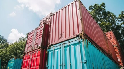 Fototapeta premium Stacked Shipping Containers Against a Cloudy Sky