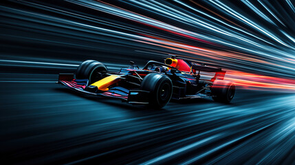 A blue Formula One car in motion on the track, with a motion blur background