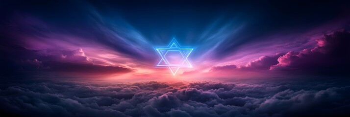 Star of David over cloudy sunset sky background. Symbol of Judaism. Jewish memory day. Hanukkah, Passover, Shavuot, Yom Kippur holiday. Happy Independence Day of Israel