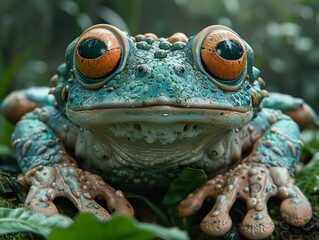 Close-Up Portrait of a Green Frog in the Rainforest