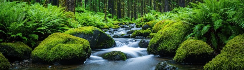 A tranquil stream cascading over moss-covered boulders, framed by lush green ferns and tall trees, creating a peaceful, secluded scene, stream boulders mossy