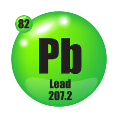 Lead icon. Pb chemical element. Atomic number 82. Mass 207.2. Green sphere image. Vector symbol.