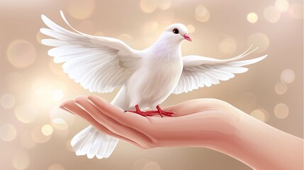 Obraz premium White dove perched on hand with glowing bokeh background