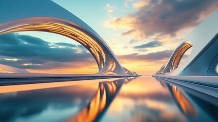 A futuristic bridge with sleek, curvilinear architecture, reflecting the sky at sunset