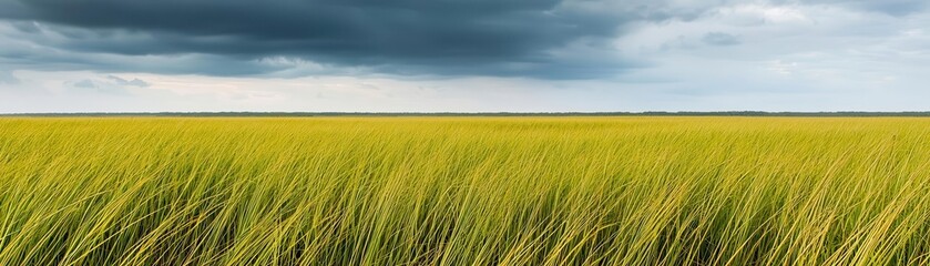 Rain-soaked tall grass on the savannah, dark clouds above and the distant horizon blending with the misty rain, creating a moody, atmospheric scene, Savannah tall grass rain