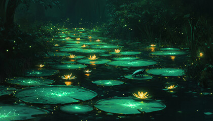  dark swamp filled with glowing plants and creatures. Giant lily pads float on the water, each one emitting a soft, shifting glow