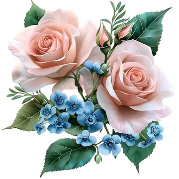 recommend clip art: Pink Roses and Blue Flowers Bouquet  Watercolor Floral Illustration