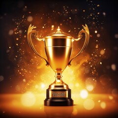 A shiny golden trophy with elegant details on a dark, sparkling background.