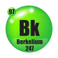 Berkelium element symbol. Atomic number 97. Mass 247. Green sphere icon.