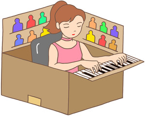 ユーモアイラスト - 段ボール箱・ピアニスト・演奏・奏者・コンサート・プレーヤー