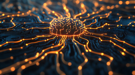 A close-up view of a digital circuit board illuminated with glowing orange lines, representing the flow of information and technology in a modern digital environment.
