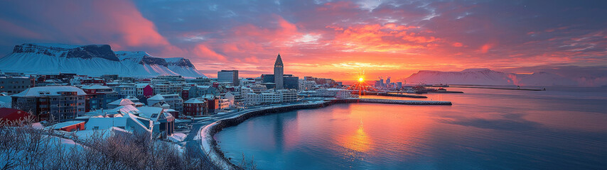 Fototapeta premium Foto panorámica de Islandia, Reikiavik y la muestra de auroras boreales.Concepto de viajes y destinos turísticos al norte del planeta.