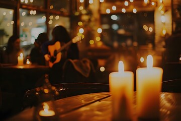 Naklejka premium A cozy caf? scene with candles and a musician playing guitar, creating a warm atmosphere.