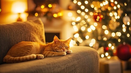 A cat sleeping on a couch in a living room adorned with Christmas decorations