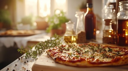 Freshly baked pizza with thyme and olive oil on kitchen countertop.
