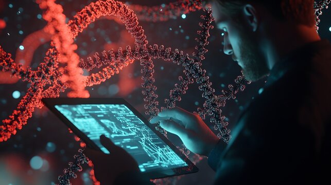 A Person Studying and Interacting With a 3D Model of DNA