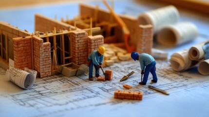 Fototapeta premium A miniature people construction site is on paper, with building plans, bricks, and tools scattered around the site as they work.