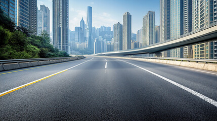 Obraz premium A highway with modern buildings in the background, no cars on it, with empty asphalt and yellow lines