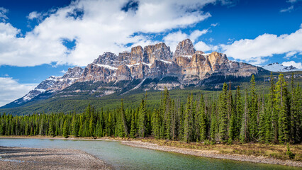 Castle Mountain stands majestically in Banff National Park, its rugged peaks framed by the serene Bow River flowing below. This picturesque scene captures the essence of the Canadian Rockies' beauty