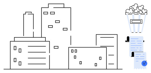 Minimalist cityscape surrounded by documents and a popcorn box. Ideal for urban living, documentation, administration, leisure activities, and minimalist design. Simple line-drawing style