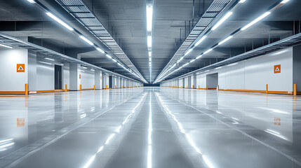 Modern underground parking lot with a white painted floor, LED lighting