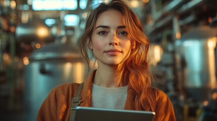Young woman in a factory setting using a tablet.