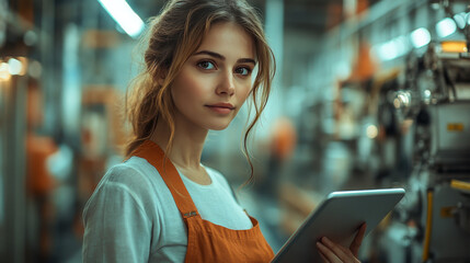 Young woman in a factory setting using a tablet.