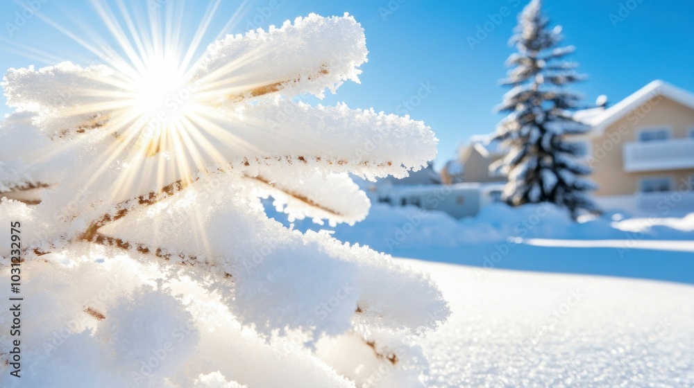 Wall mural a snowy pine branch illuminated by bright sunlight with a blue sky and a winter landscape in the bac