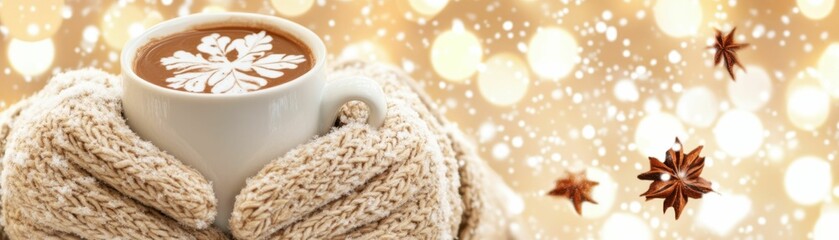 A cup of hot cocoa with intricate snowflake latte art held by gloved hands, with star anise and golden winter bokeh lights in the background..