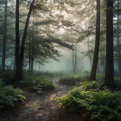 "Mysterious Foggy Landscape with Silhouetted Trees and Soft Morning Light