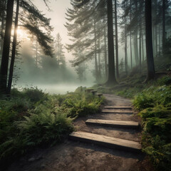 "Mysterious Foggy Landscape with Silhouetted Trees and Soft Morning Light
