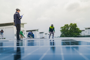 A worker installs or maintains solar panels on a rooftop. The image highlights renewable energy...